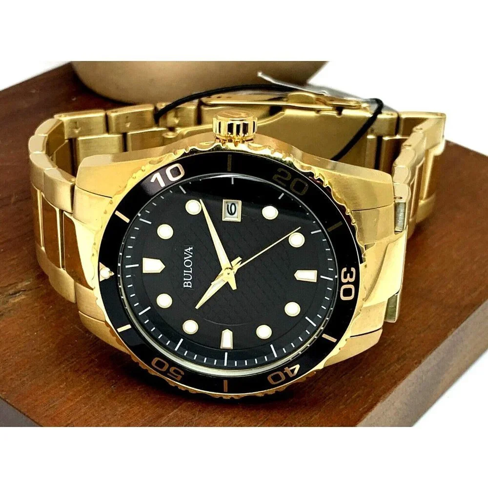 Bulova Men's Watch 98B375 Quartz Gold Black Dial Date Stainless Steel 43mm